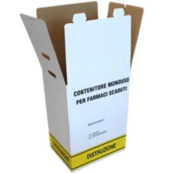 scatola assemblabile bianco-gialla con scritte segnalanti il contenuto di farmaci scadutii